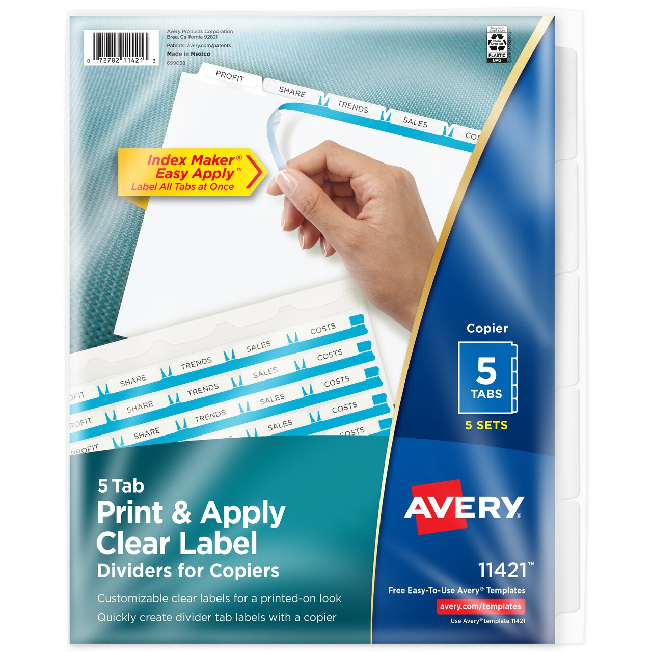 Avery 5 Tab Dividers for 3 Ring Binder, Easy Print & Apply Clear Label Strip for Copiers, Index Maker Customizable White Tabs, 5 Sets (11421)